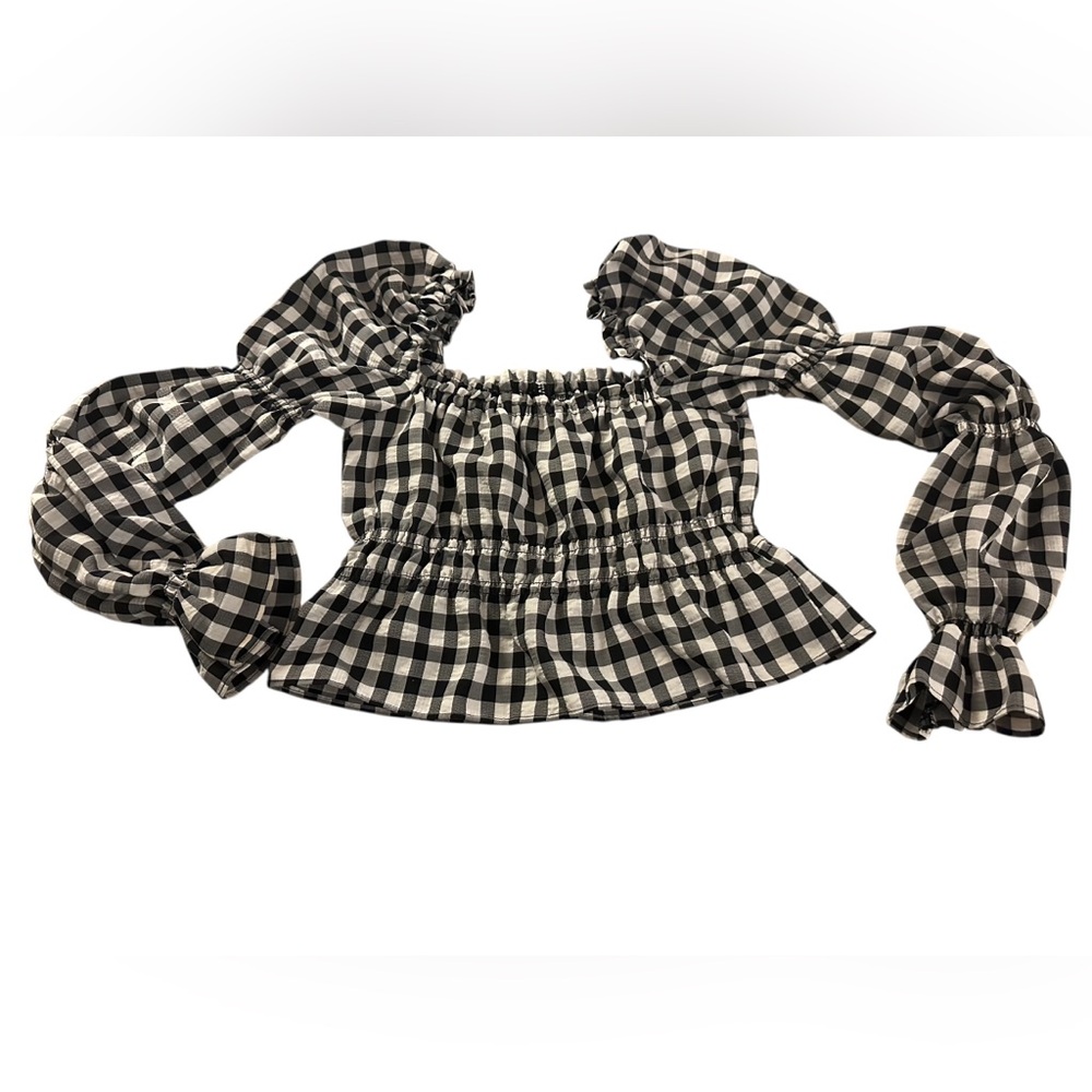 H&M Divided Black & White Gingham Check Puff Sleeve/ Ruffled Bottom Size- XS